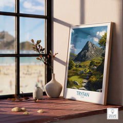 Tryfan Wall Art Wales Hiking Trail - Snowdonia National Park Decor showcased in a cozy interior setting.