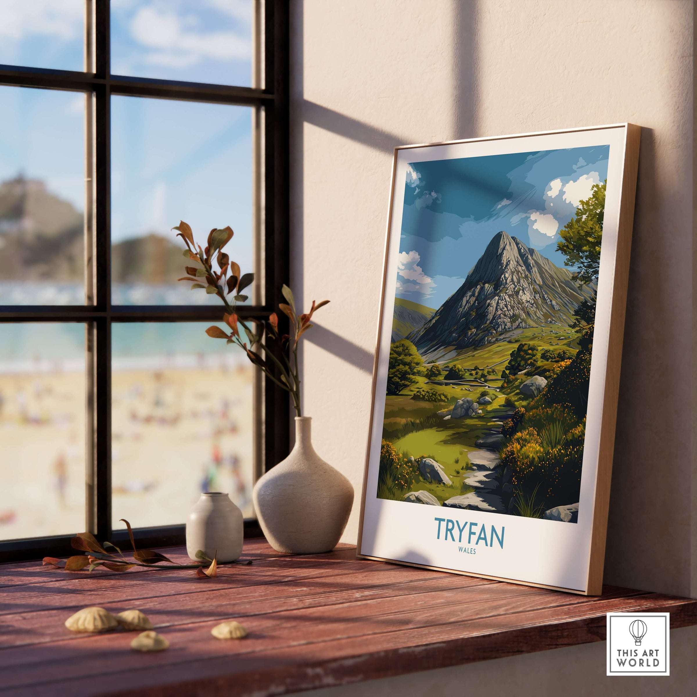 Tryfan Wall Art Wales Hiking Trail - Snowdonia National Park Decor showcased in a cozy interior setting.
