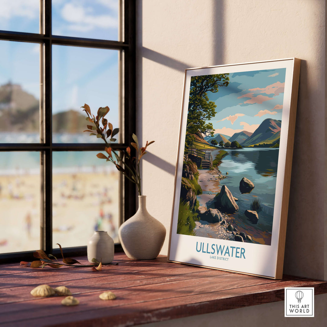Ullswater Lake District Mountain Vista poster displayed on a windowsill with a scenic view, perfect for hiking decor.