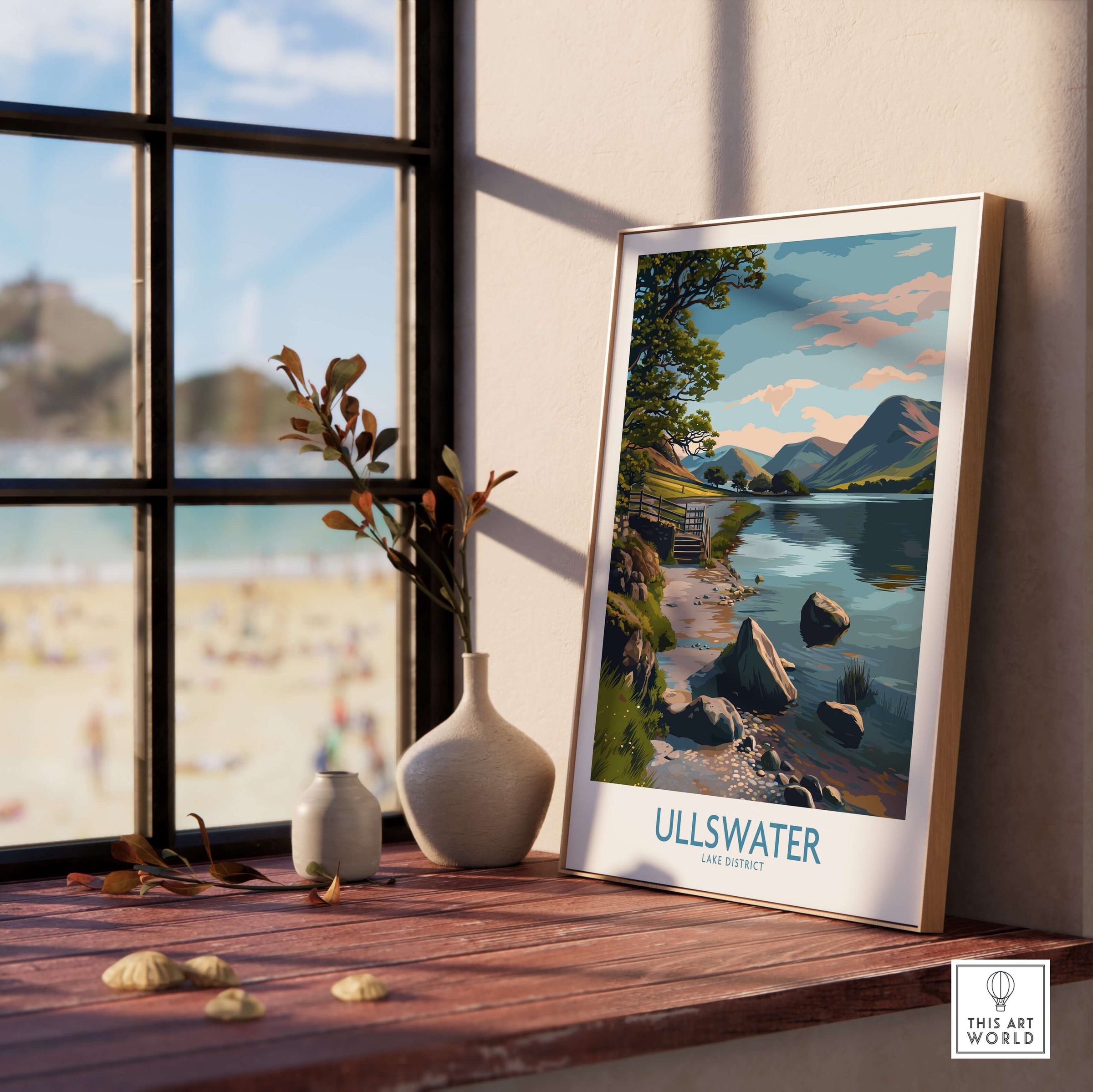 Ullswater Lake District Mountain Vista Poster - UK Hiking Trail Decor displayed by a window with scenic view.