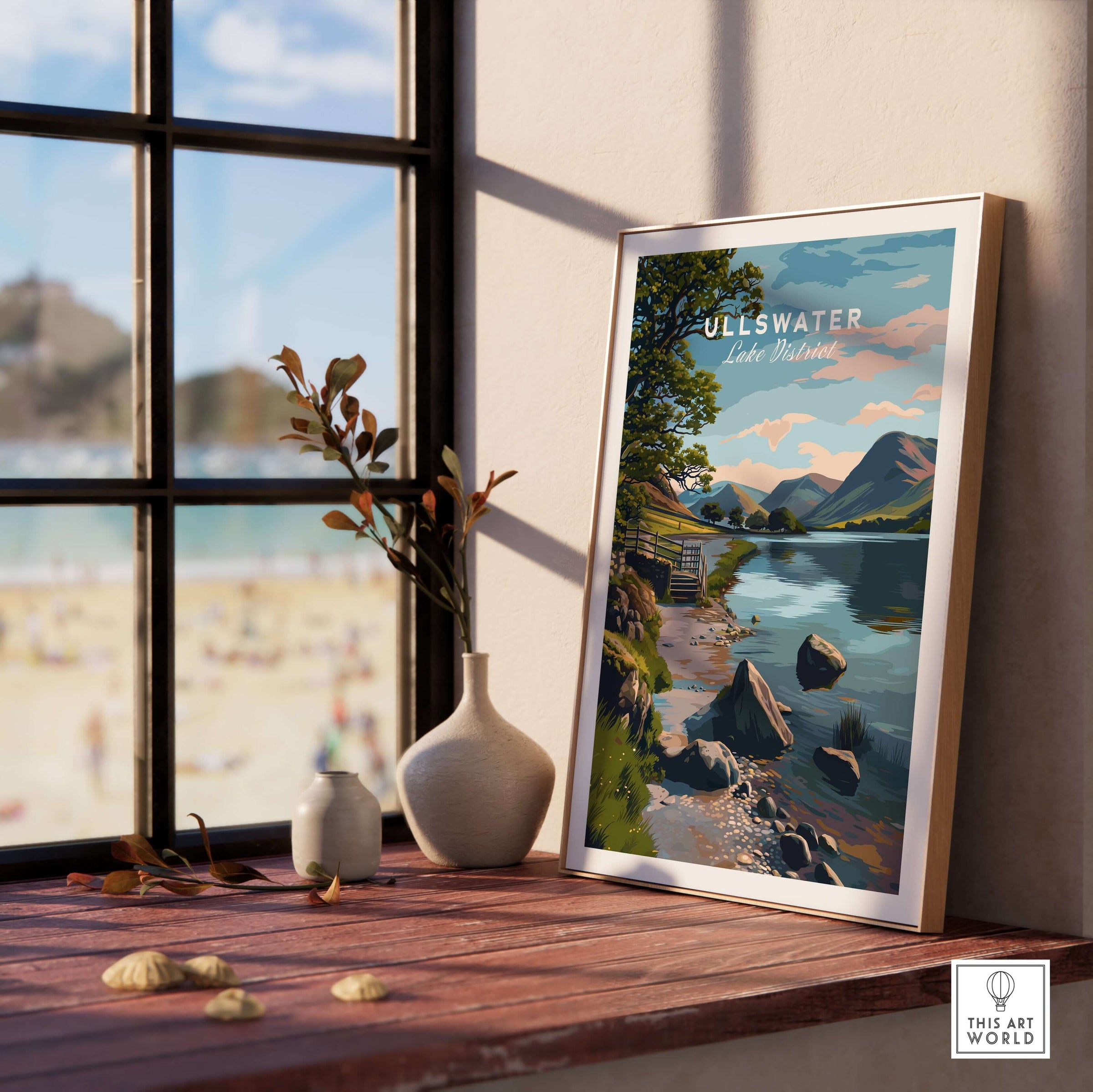 Ullswater Lake District Lakeside Path Print - Stone Wall & Lake Wall Art displayed in a cozy interior setting.