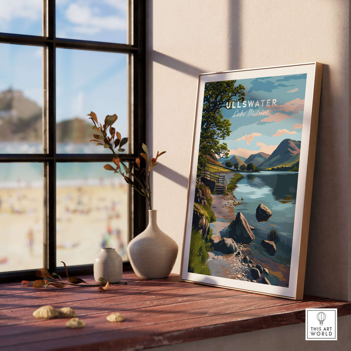 Ullswater Lake District print showcasing lakeside views and a stone wall, enriching home decor with nature's beauty.