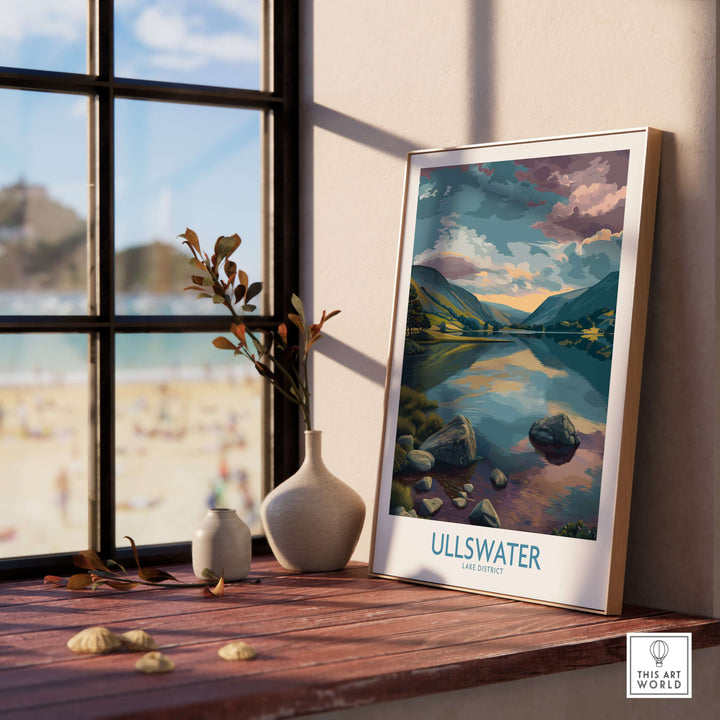 Ullswater Lake District tranquil lake view poster on a windowsill, showcasing serene British landscape decor.