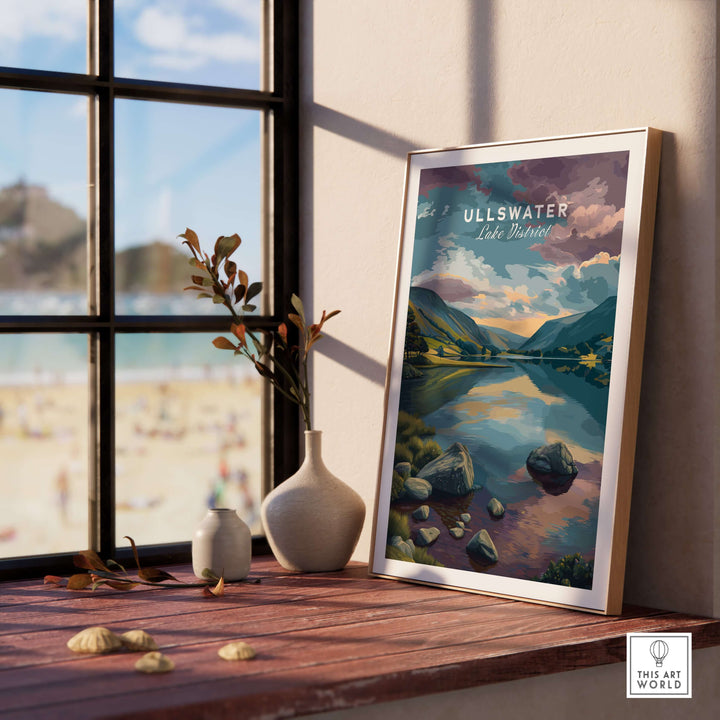 Ullswater Lake District sunset reflection print displayed indoors, capturing serene lakeside beauty in warm hues.