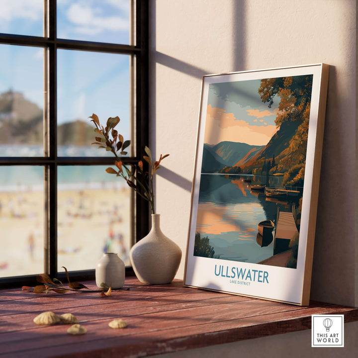 Ullswater Lake District boat moorings wall art showcasing serene sunset over calm waters in English countryside decor.