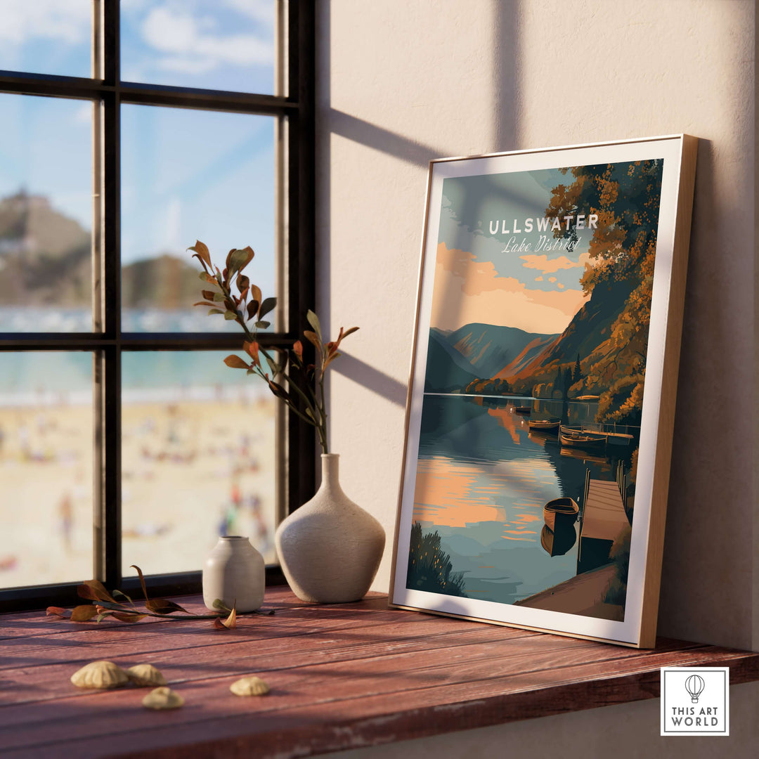 Ullswater Lake District poster showcasing a tranquil dock scene with sunset reflections, displayed on a rustic windowsill.