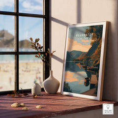Ullswater Lake District Lakeside Boats Poster - Tranquil Dock Scene Print displayed in a cozy interior with a view.