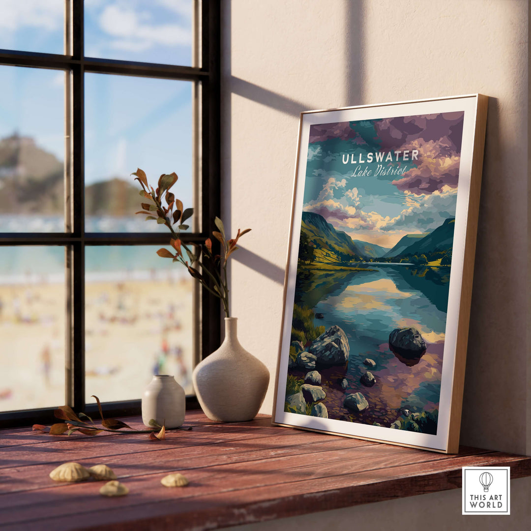Ullswater Lake District Mountain View Reflection Print displayed in a cozy interior setting with serene lake and mountains.