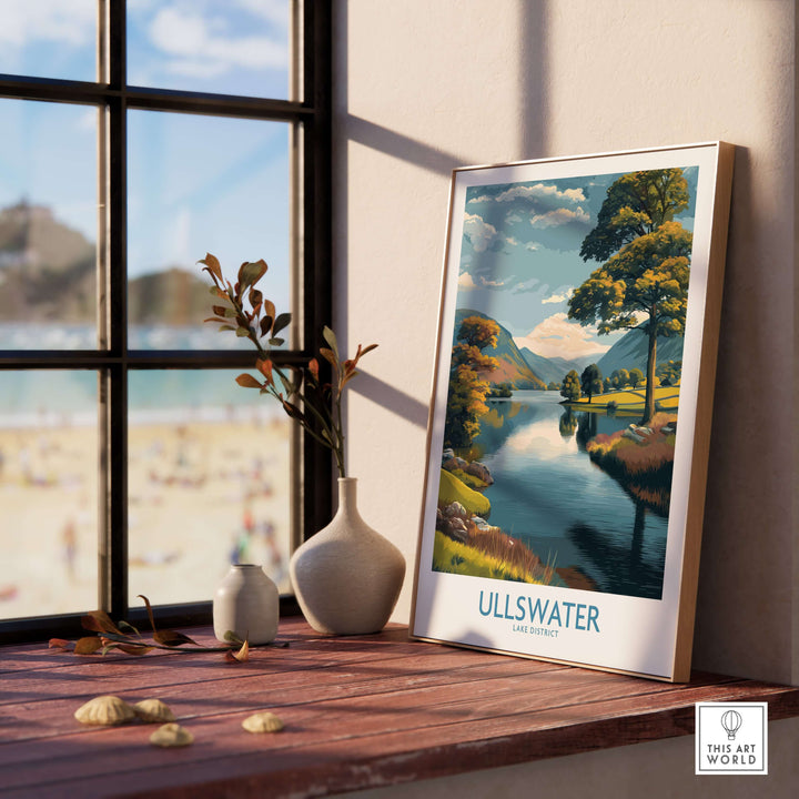 Ullswater Lake District autumn landscape wall art displayed by a sunny window, adding serene decor to home interiors.