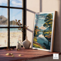 Ullswater Lake District Green Trees Lakeside Print - English Countryside Poster displayed in a cozy interior setting.