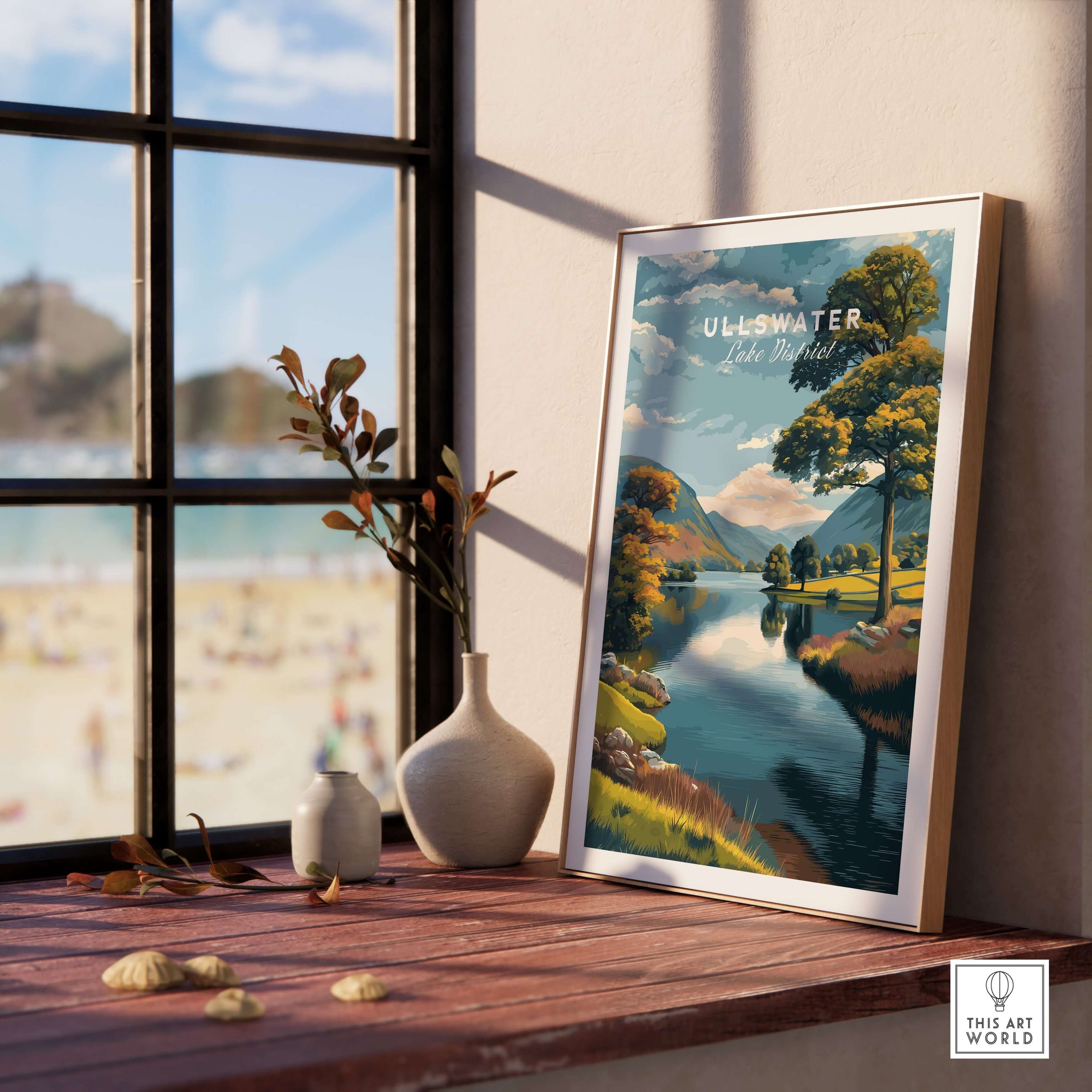 Ullswater Lake District Green Trees Lakeside Print - English Countryside Poster displayed in a cozy interior setting.
