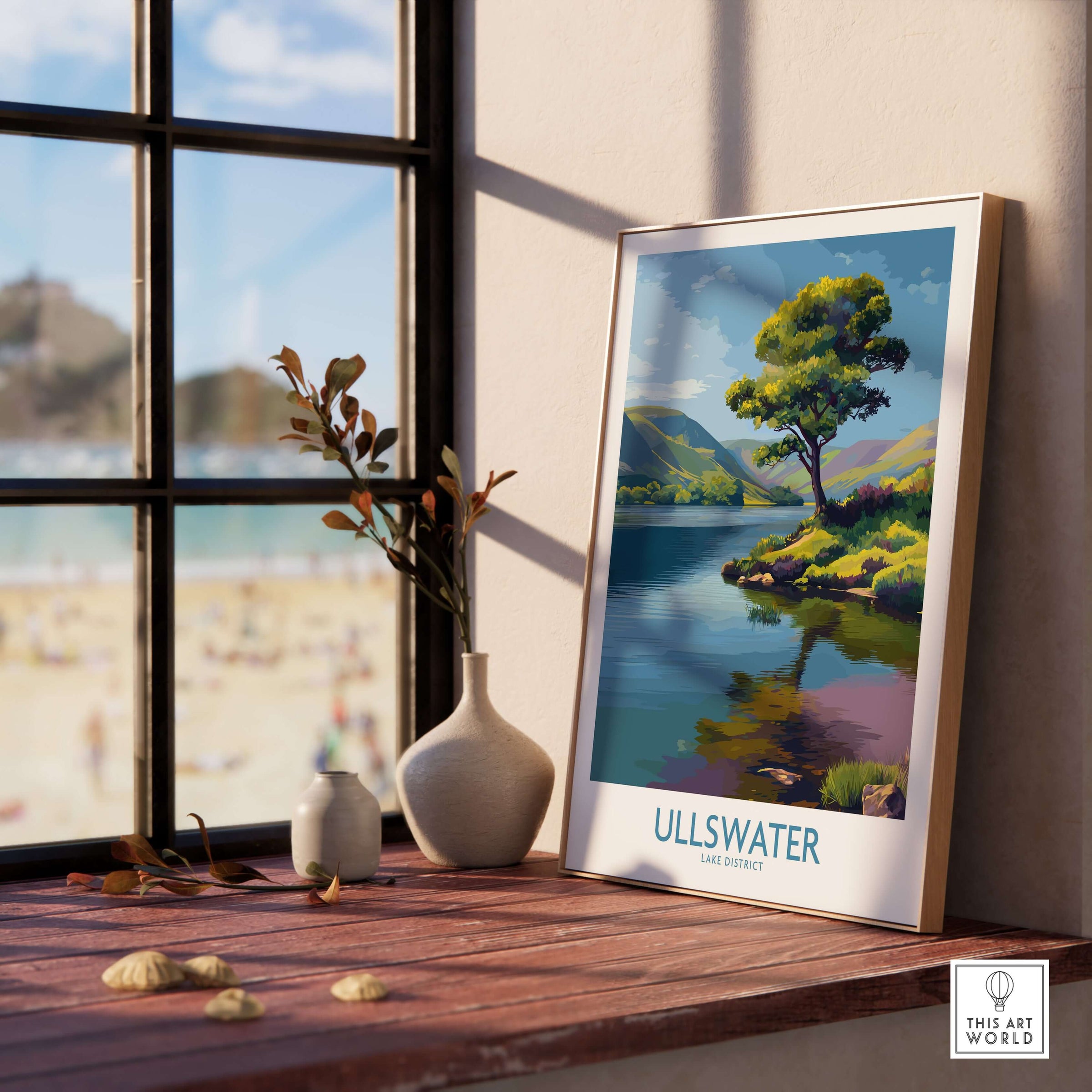 Ullswater Lake District Green Hillside Poster - Scenic UK Travel Decor displayed on a windowsill with lake view.