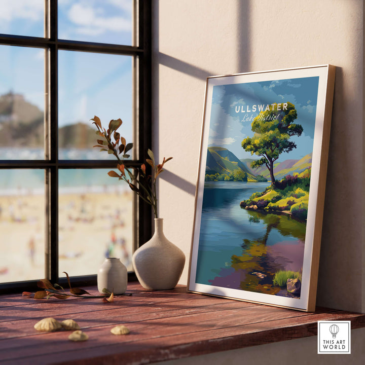 Ullswater Lake District Solitary Tree Print framed on a windowsill, showcasing lakeside reflection wall art.