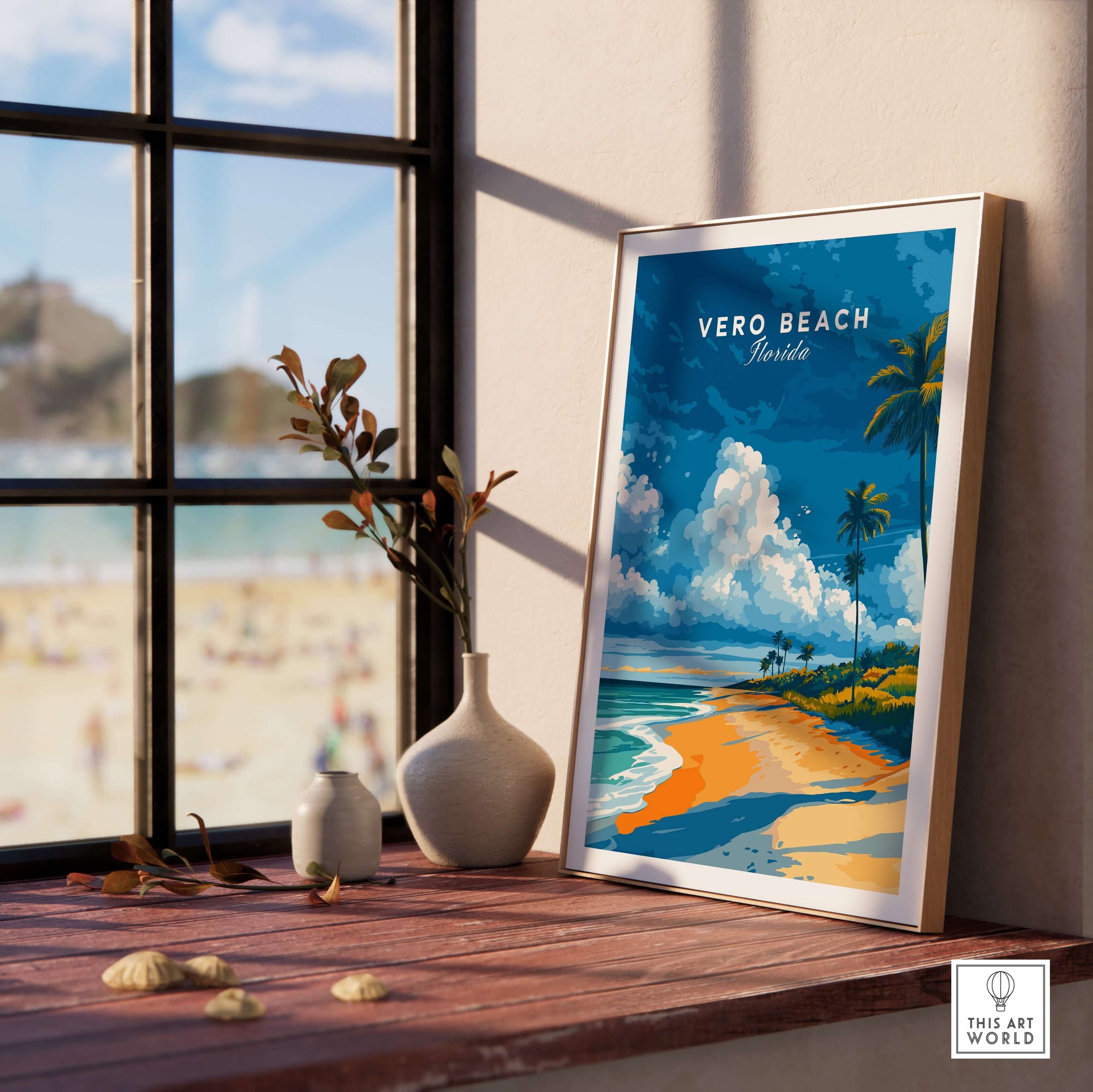 Vero Beach Florida Palm Tree Beach Poster - Tropical Seascape Wall Art displayed in a sunlit room with beach view.