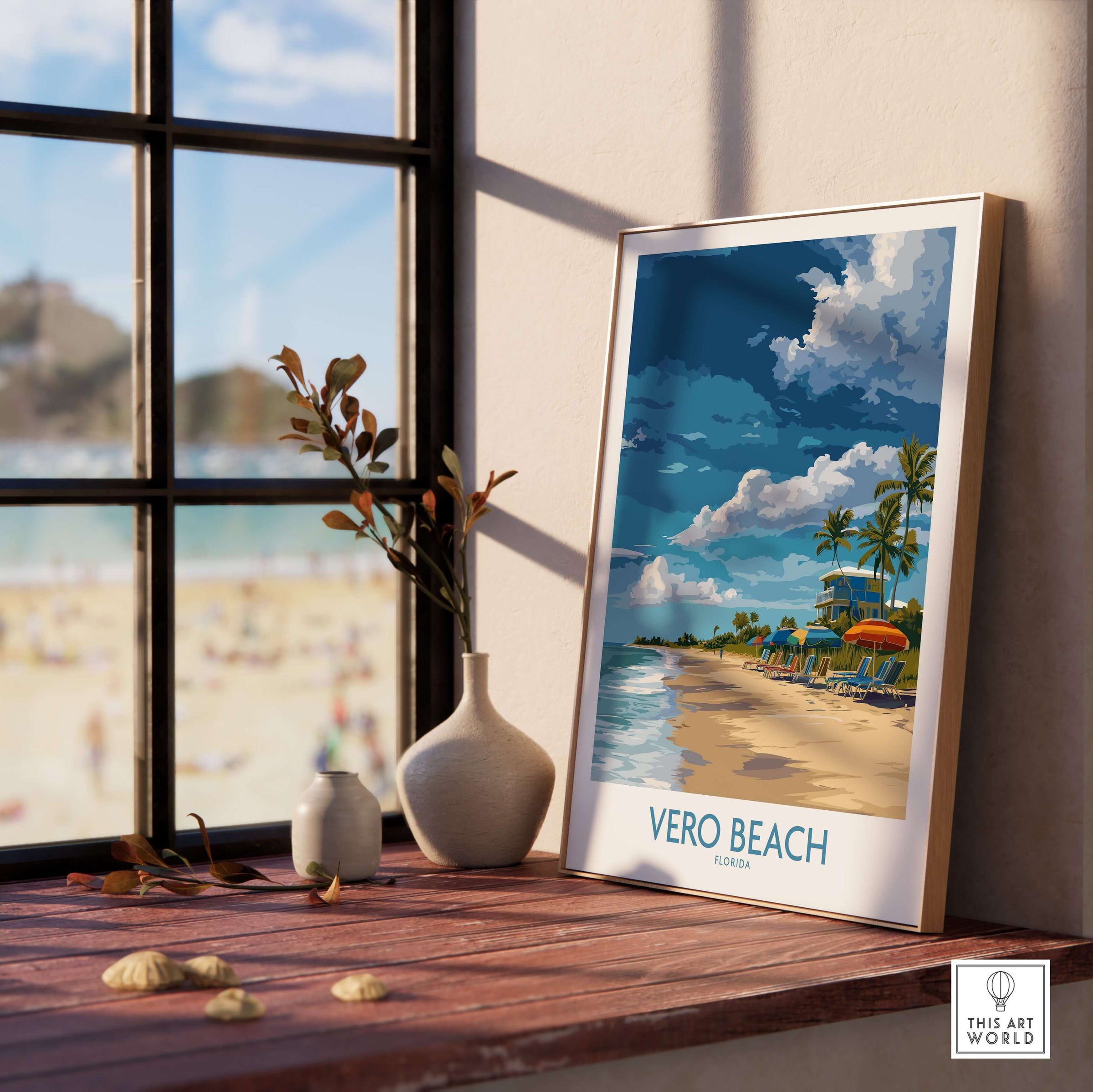 Vero Beach Sunny Beach Umbrellas and Sun Loungers Poster - Florida Vacation Decor displayed in a sunlit room.