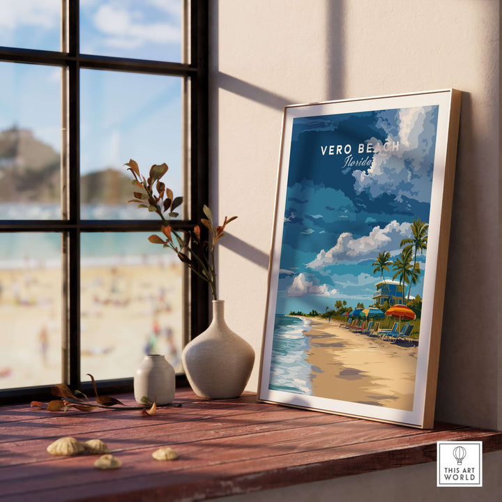 Vero Beach Florida beachfront resort print featuring a lifeguard tower and sunny shore decor.