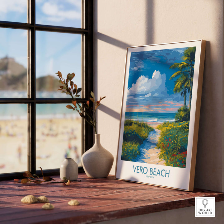 Vero Beach Ocean View poster featuring vibrant sunset and palm trees, framed on a sunny windowsill.