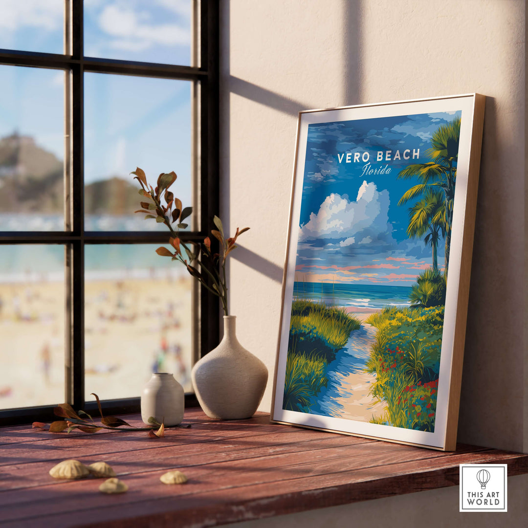 Vero Beach Florida Path to Beach Print framed on a windowsill with coastal flowers and beach view.