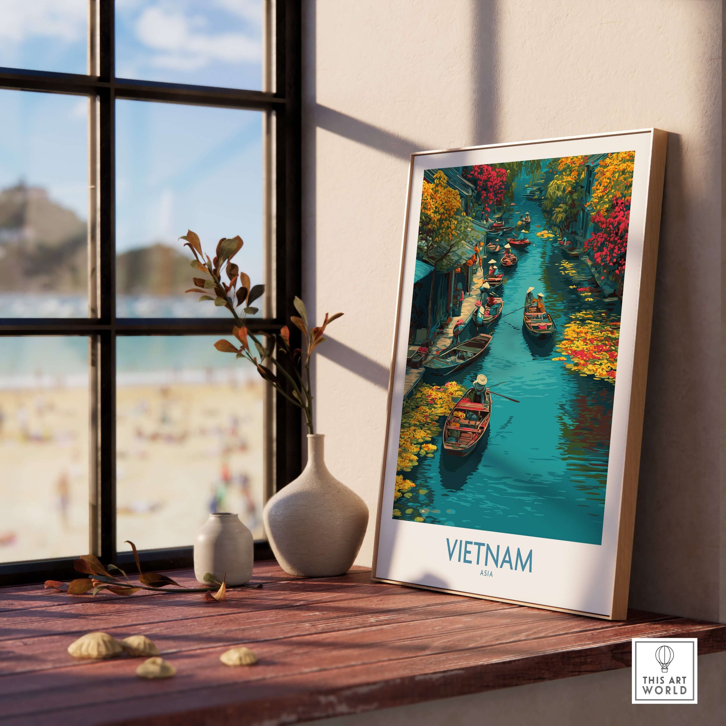 Vietnam Poster - Southeast Asia Travel Print showcasing vibrant boats and scenic landscape.