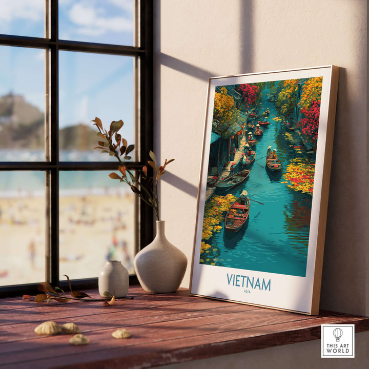 Vietnam Poster showcasing a vibrant river scene, perfect for travel enthusiasts and adding warmth to any space.