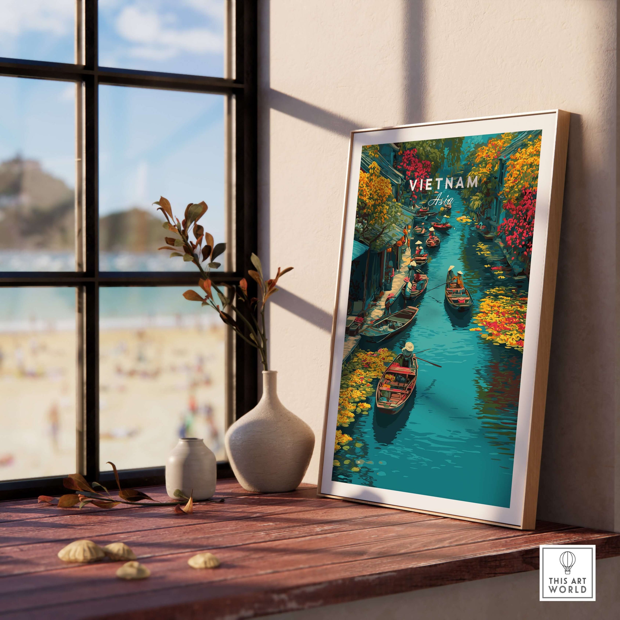 Vietnam Hoi An Canal Boats Print - Traditional River Market Wall Art displayed in a cozy interior with a beach view.