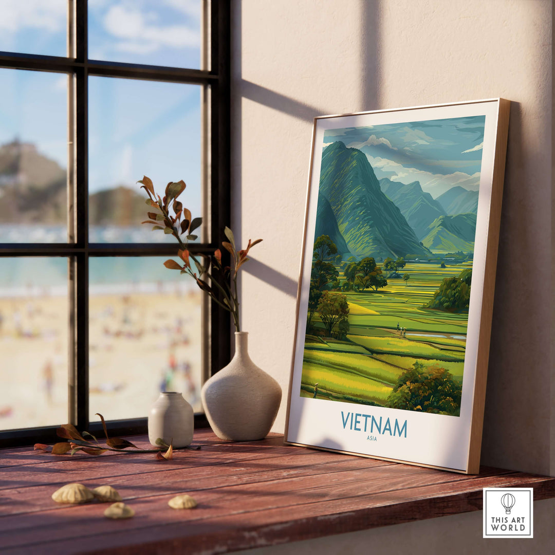 Vietnam wall art print showcasing lush countryside scenery with mountains and rice fields.