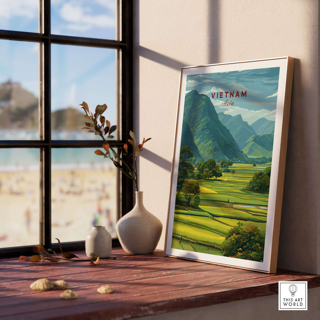 Vietnam rice fields landscape print in a stylish frame, showcasing rural mountain panorama decor by a sunny window.