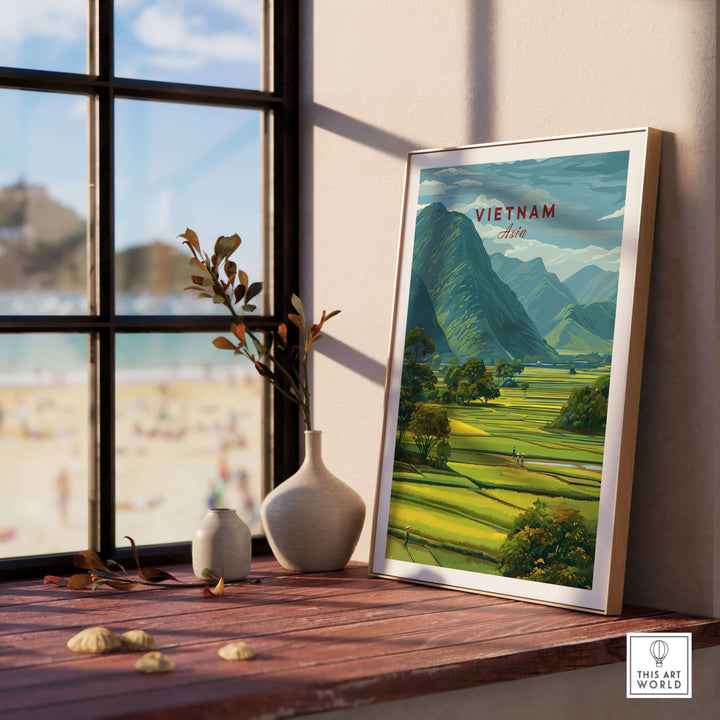Vietnam rice fields landscape print in a stylish frame, showcasing rural mountain panorama decor by a sunny window.
