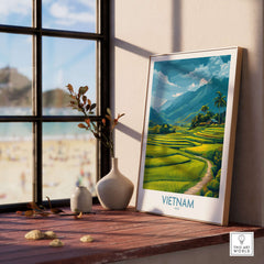 Vietnam Art Print - Southeast Asian Nature Poster displayed on a windowsill with lush rice terraces and mountains.