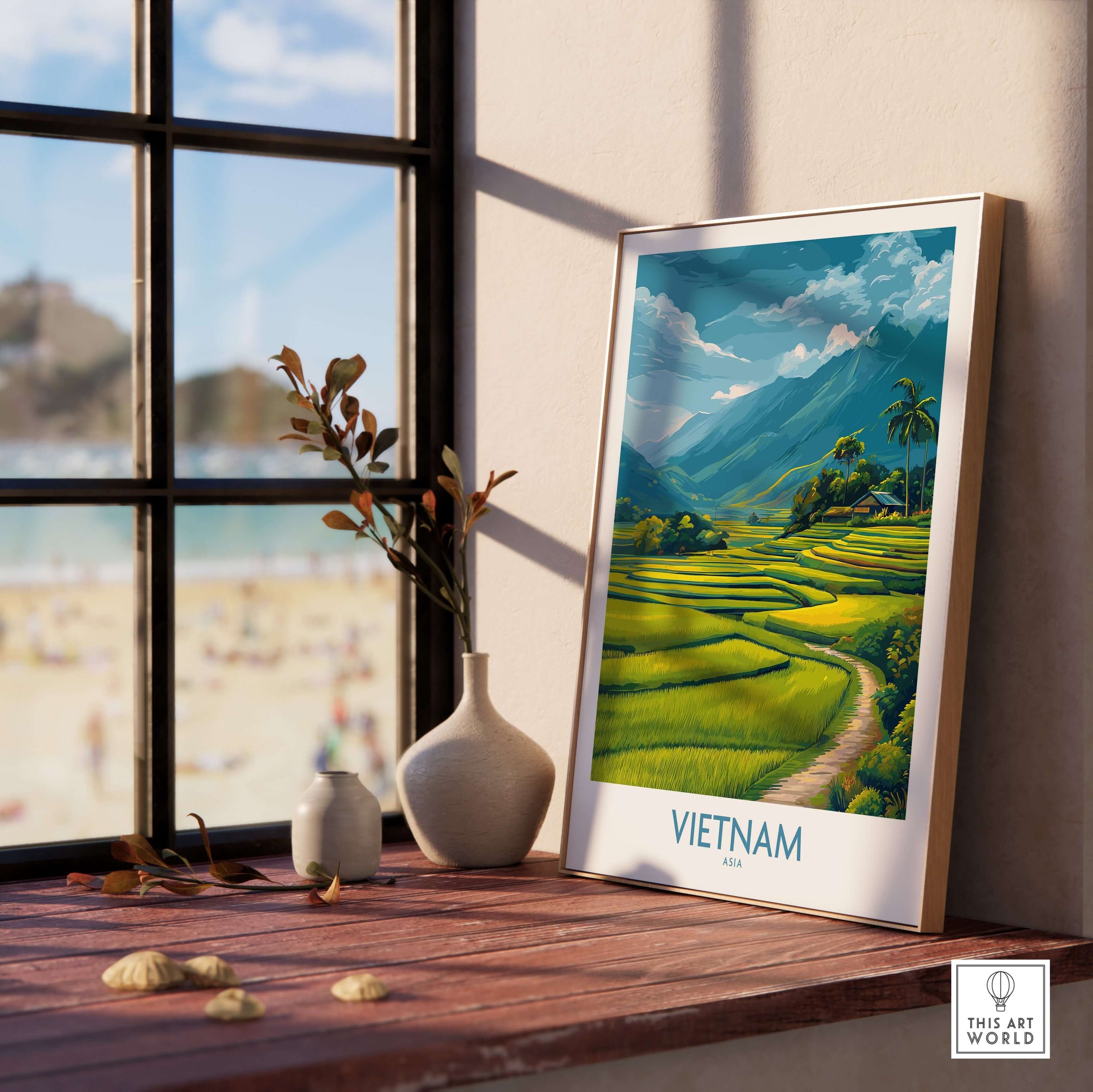 Vietnam Art Print - Southeast Asian Nature Poster displayed on a windowsill with lush rice terraces and mountains.