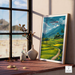 Vietnam Travel Poster showcasing lush green rice terraces and mountains, adding exotic charm to your decor.