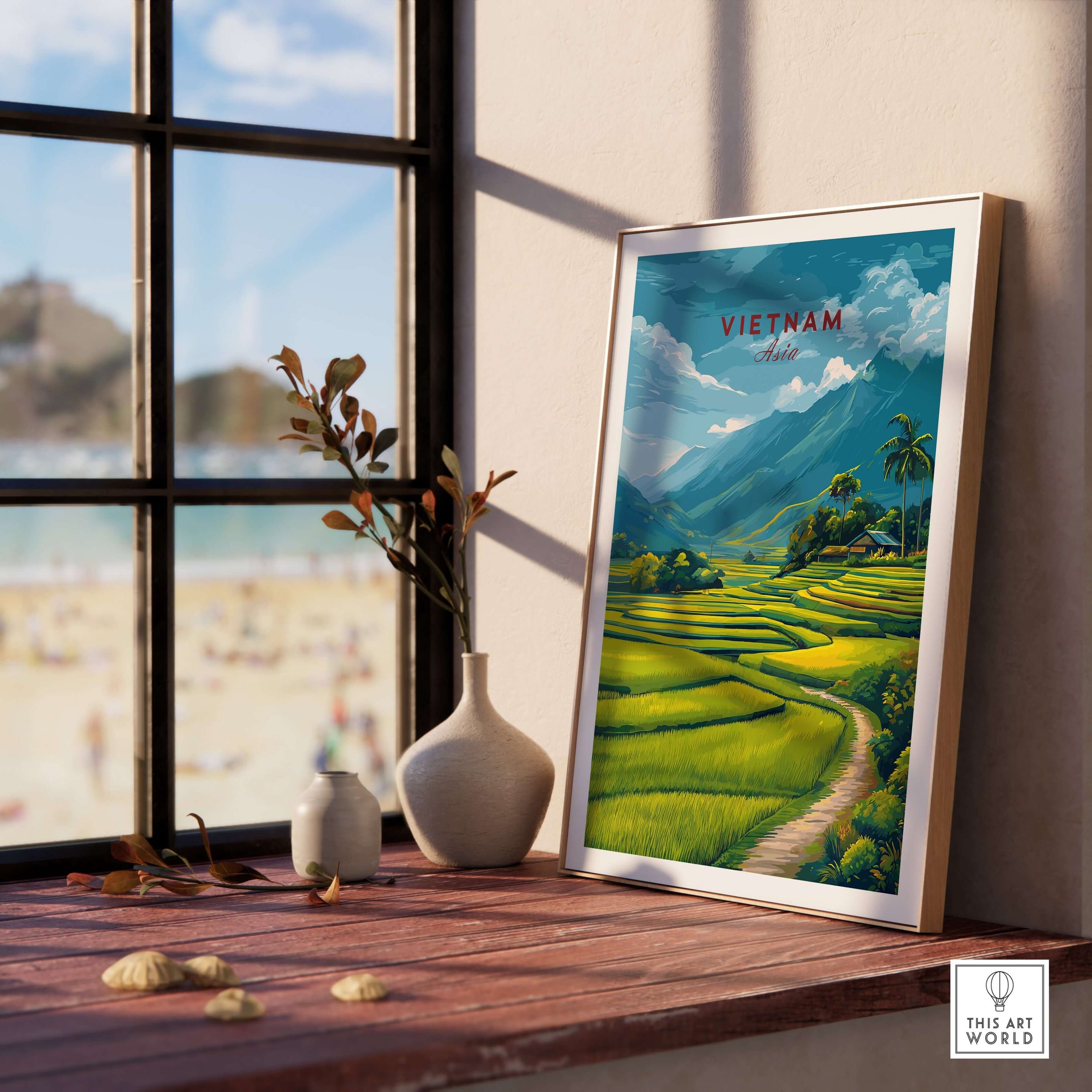 Vietnam Travel Poster showcasing lush green rice terraces and mountains, adding exotic charm to your decor.