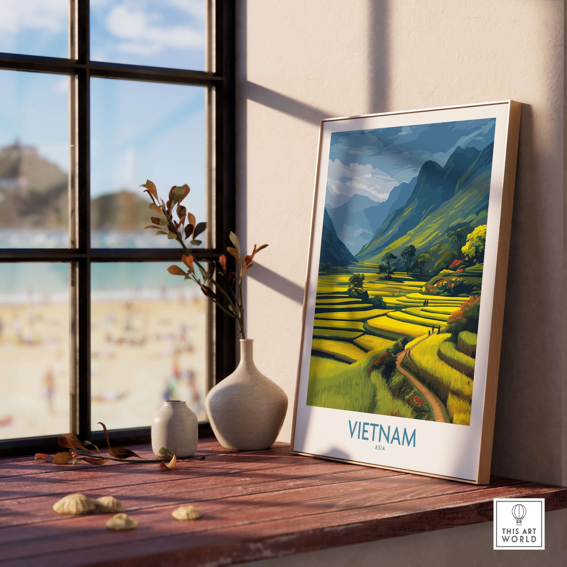 Vietnam Wall Art - Vietnamese Rural Travel Print showcasing serene Vietnamese landscapes next to a window.