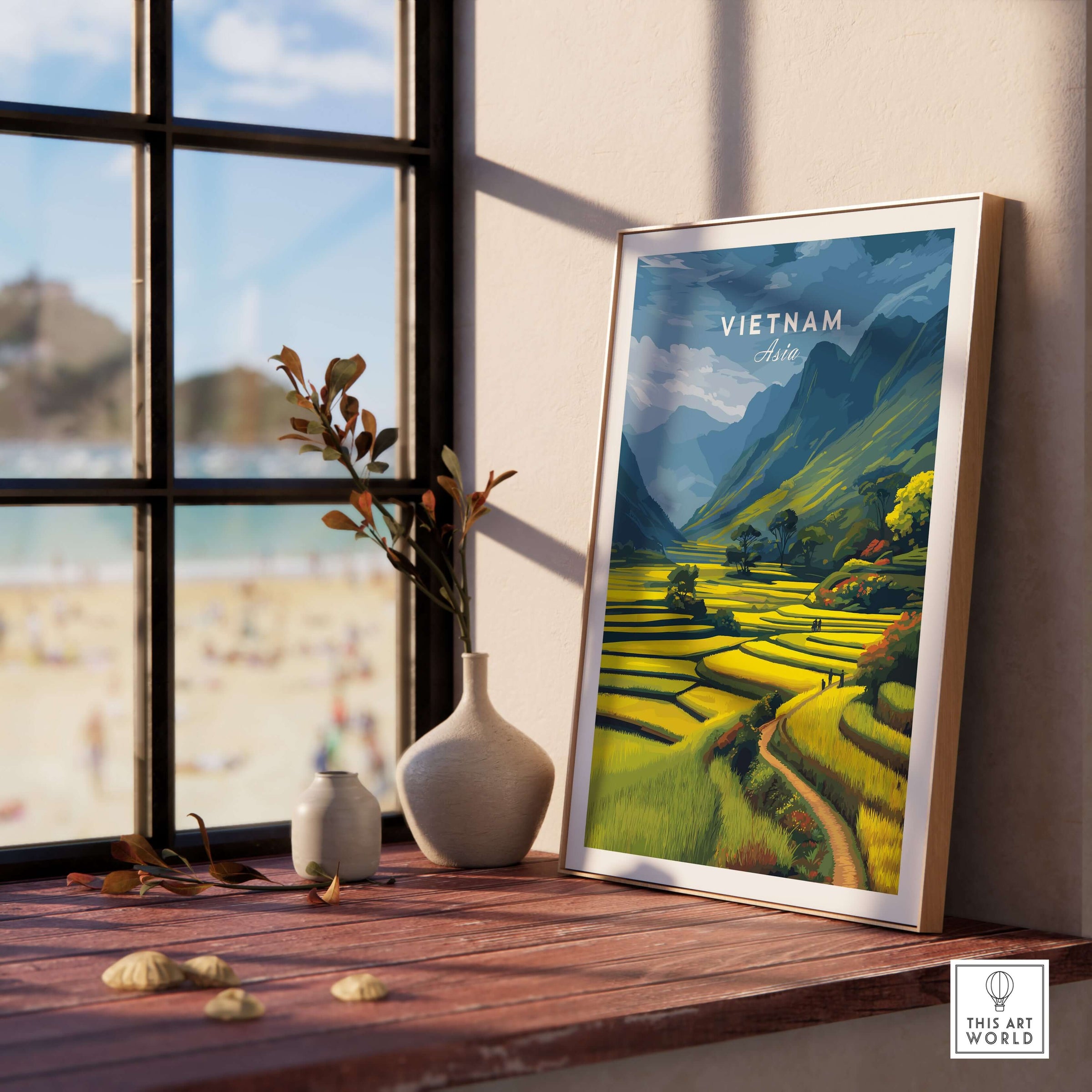 Vietnam Rice Terraces Print - Scenic Mountain Poster displayed on a wooden shelf with a beach view in the background.