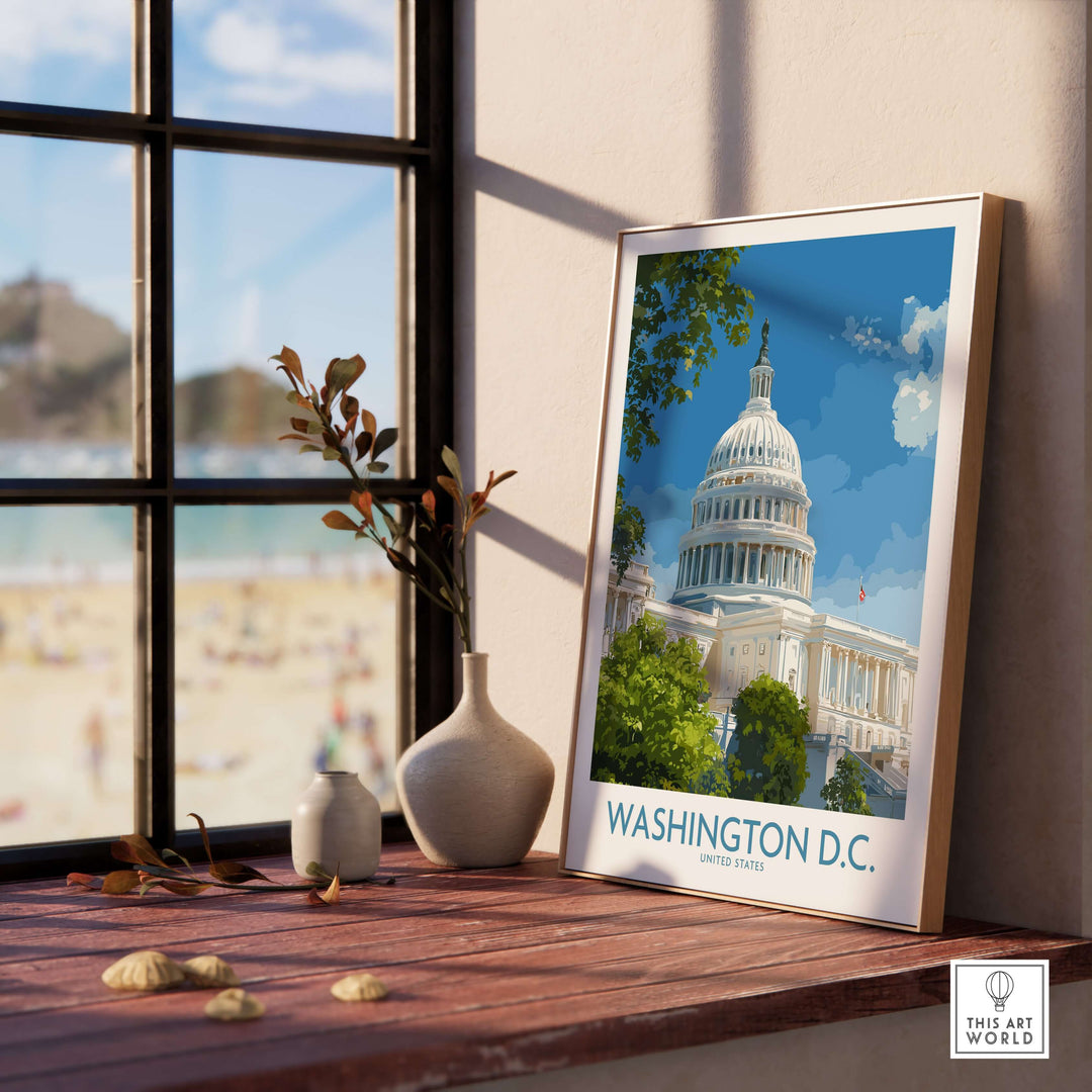 Framed Washington D.C. Capitol Hill poster showcasing the iconic Capitol building with beach view.