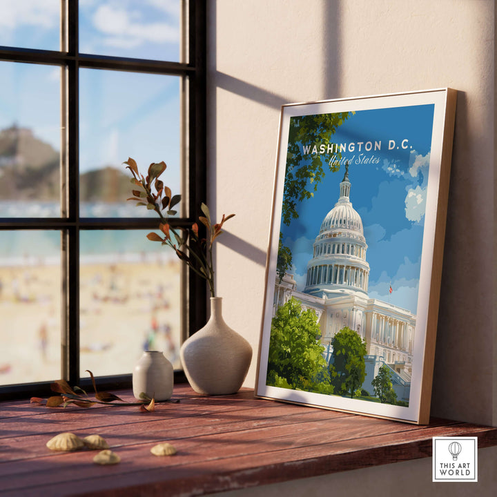 Washington D.C. US Capitol Building print framed on a table with beach view, showcasing American landmark wall art.