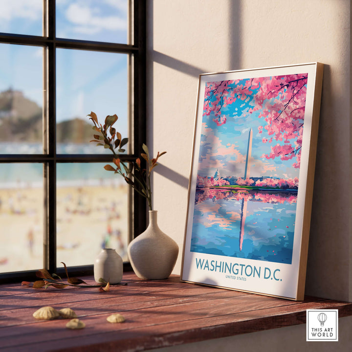 Washington D.C. wall art print showcasing the iconic skyline and cherry blossoms, perfect for home decor.