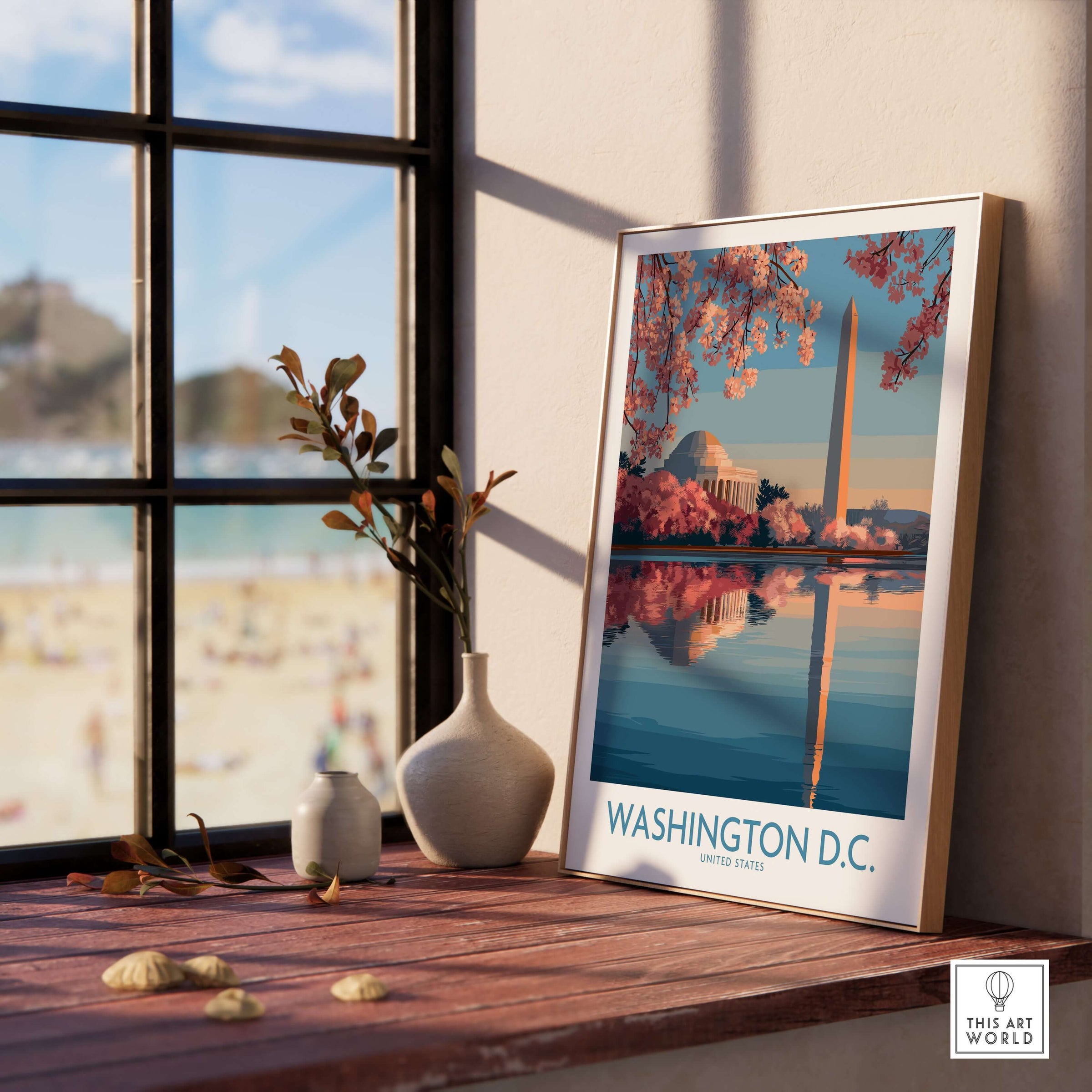 Washington D.C. Cherry Blossom Poster featuring pink blooms and iconic landmarks by a window.