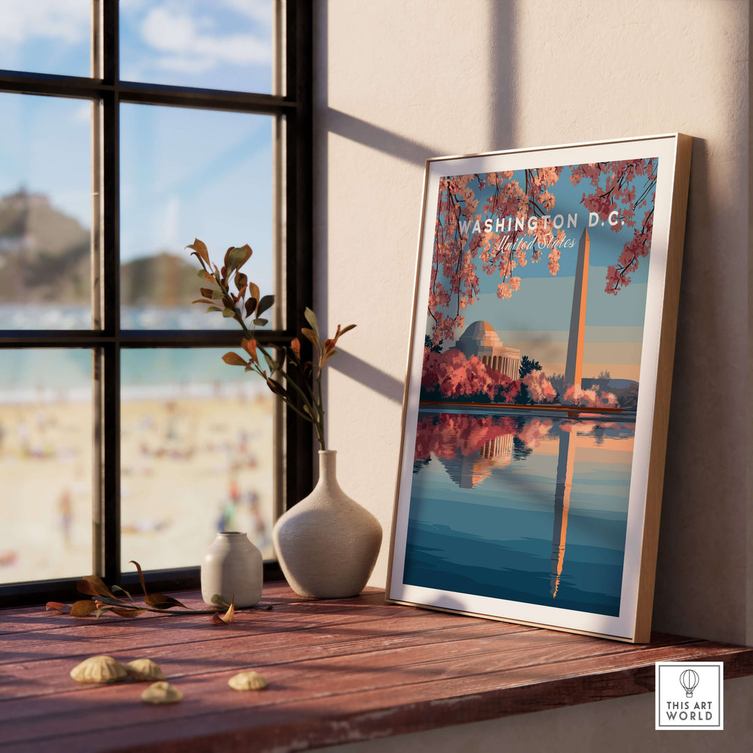 Washington D.C. poster featuring Jefferson Memorial and Washington Monument with cherry blossoms in a cozy interior setting.