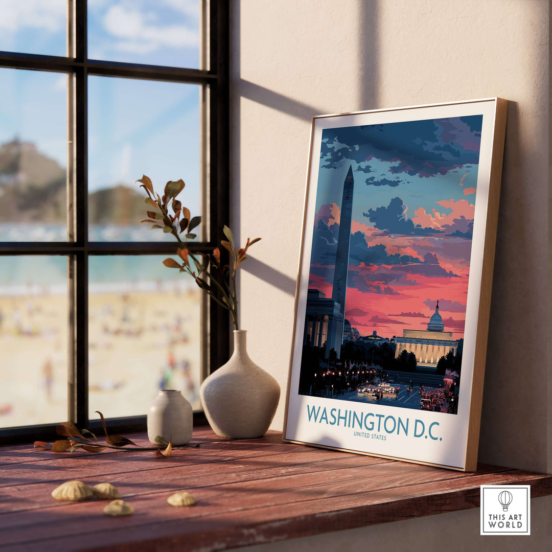 Washington D.C. urban sunset wall art print featuring iconic skyline and monuments in vibrant colors.