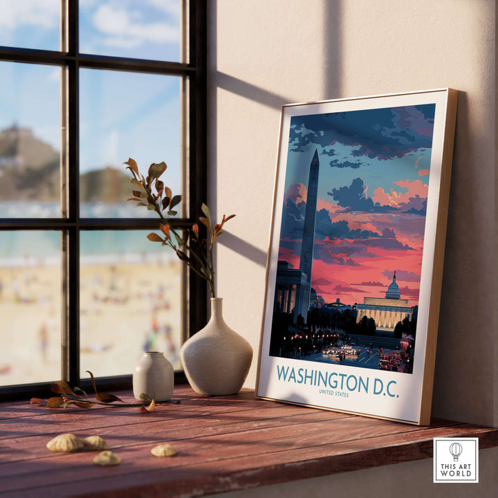 Washington D.C. urban sunset wall art print featuring iconic skyline and monuments in vibrant colors.