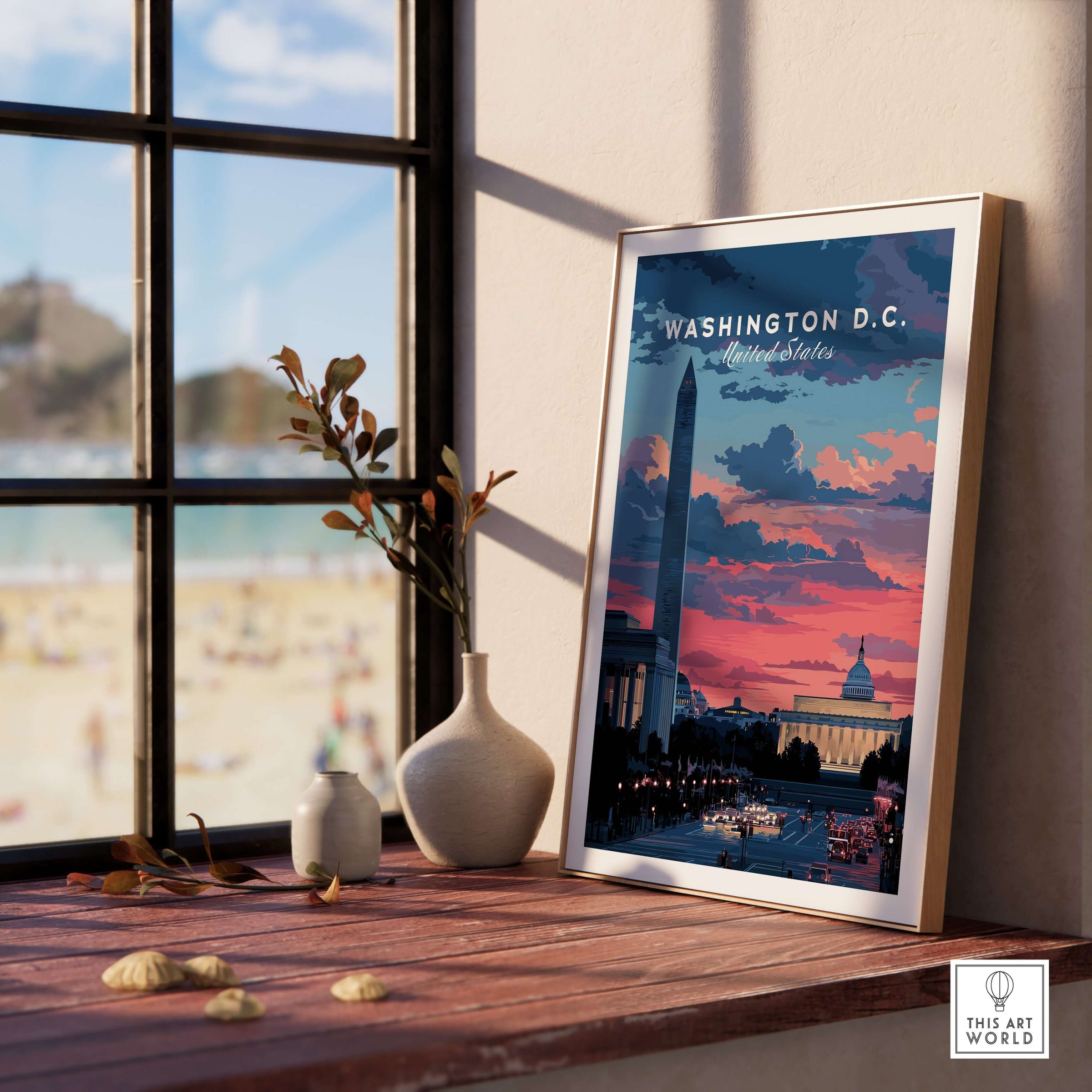 Washington D.C. Wall Art Washington Monument Sunset Poster - Capital City Skyline Print displayed in a cozy setting near a window.