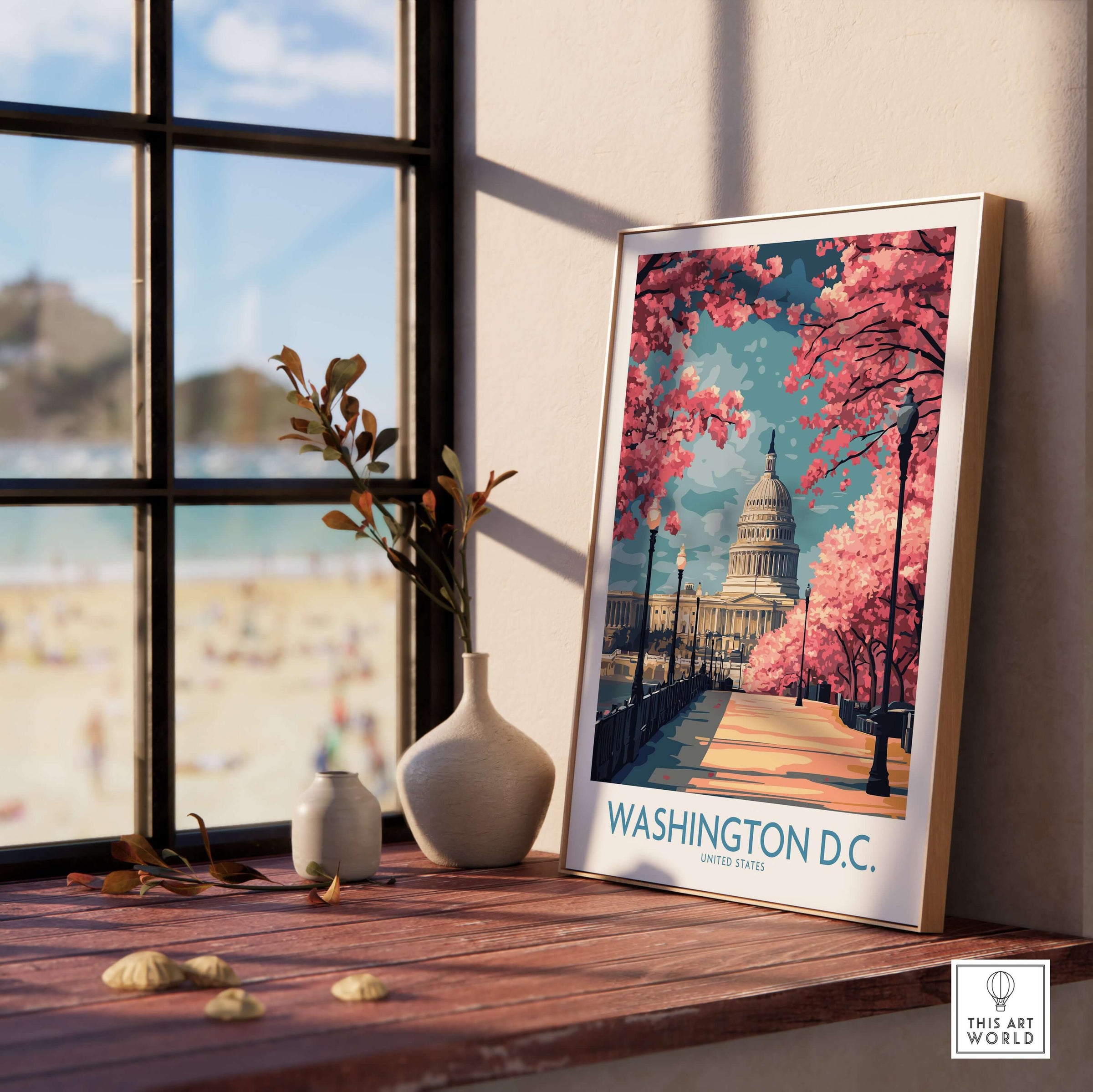 Washington D.C. US Capitol Wall Art - American Decor displayed on a table with flowers and beach view in the background.
