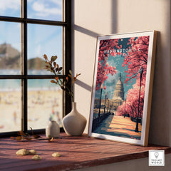 Washington D.C. Cherry Blossom Capitol Print - Springtime US Landmark Poster displayed on a table with beach in the background.