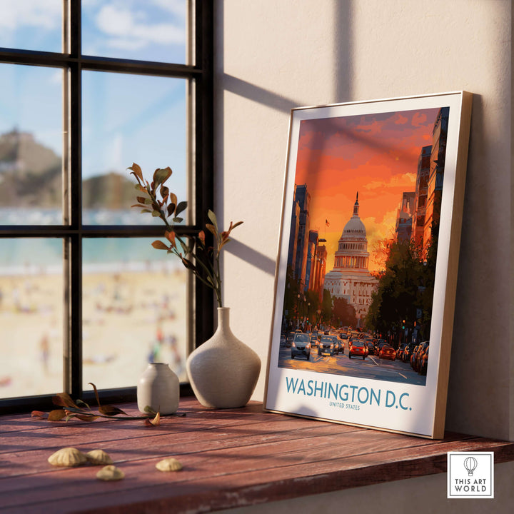 Washington D.C. vibrant cityscape poster featuring the US Capitol at dusk, displayed on a wooden table by a window.