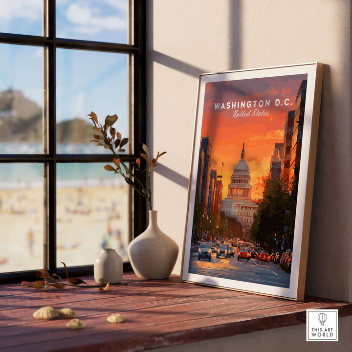 Washington D.C. Capitol Building sunset print displayed on a wooden shelf with beach view and decorative vase.