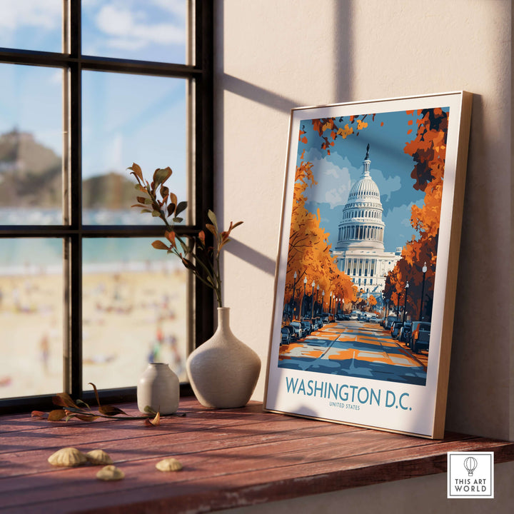 Washington D.C. US Capitol Building poster with vibrant autumn colors displayed on a table.