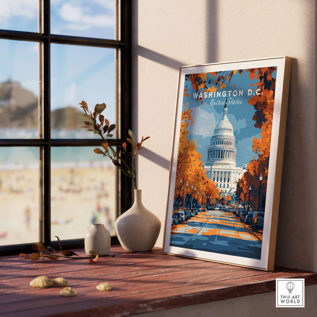 Framed Washington D.C. Capitol view print featuring autumn colors, enhancing any space with seasonal beauty.