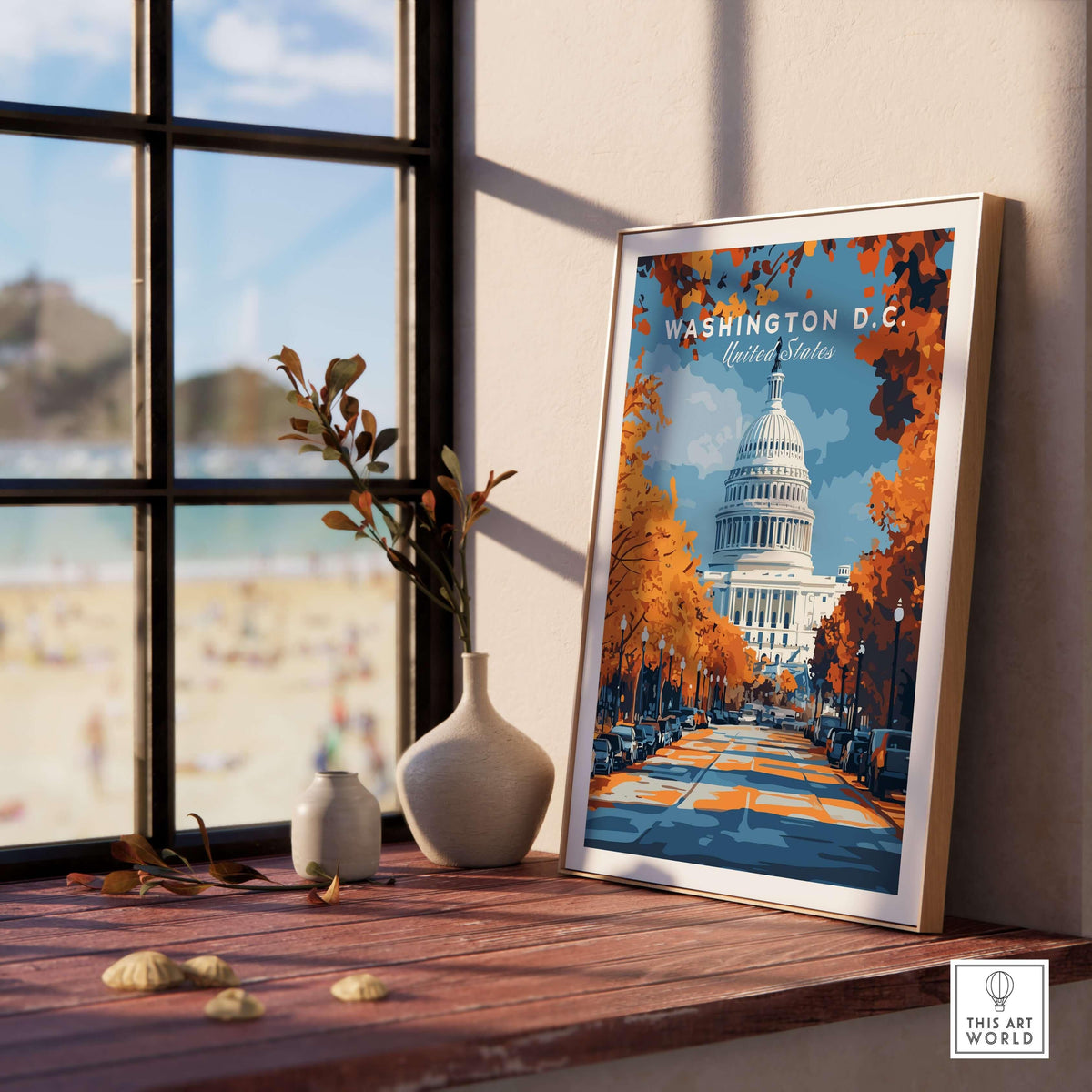 Washington D.C. Autumn Capitol View Print - Wall Art displayed in a cozy interior with autumn colors and iconic Capitol building.