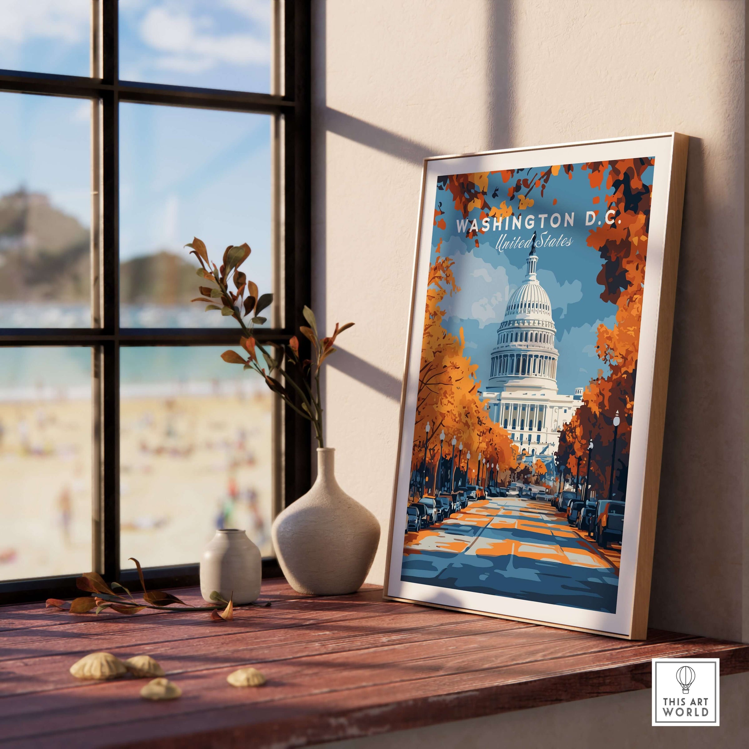 Washington D.C. Autumn Capitol View Print - Wall Art displayed in a cozy interior with autumn colors and iconic Capitol building.